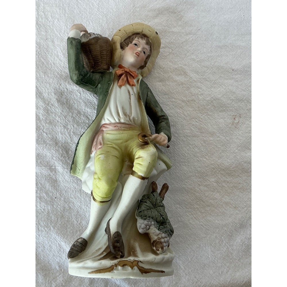 Vintage Porcelain Boy Figurine Grape‎ Harvest Basket 7.5 Inch Bisque